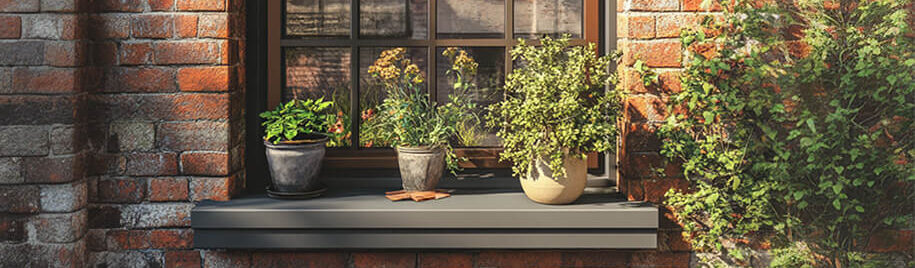 Stylish exterior window sill with potted plants adding greenery to the brick wall